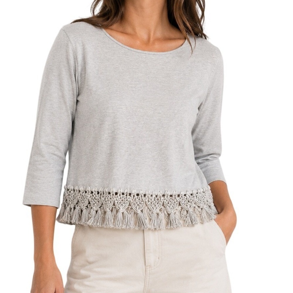 Lou & Grey‎ Heather Grey Macrame Fringe 3/4 Sleeve Knit Top  Women's Small
